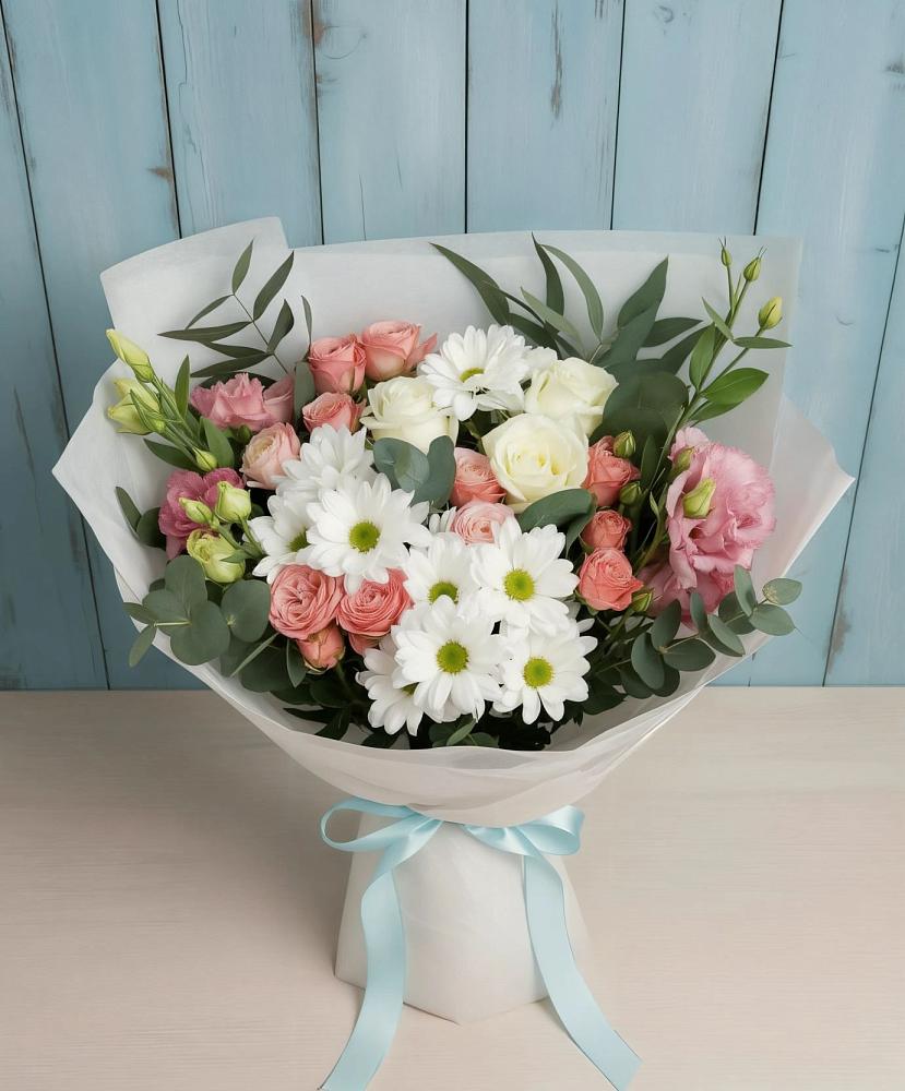 Букет цветов из: Розы, Лизиантусы и Хризантемы в Марьиных Колодцах