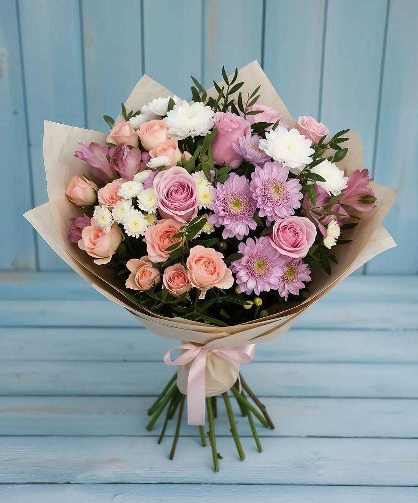 Букет цветов из: Хризантемы, Розы и Альстромерии в Марьиных Колодцах