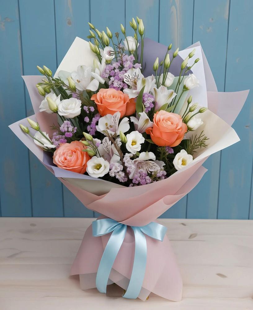 Букет цветов из: Лизиантусы, Розы, Альстромерии и Гипсофила в Марьиных Колодцах