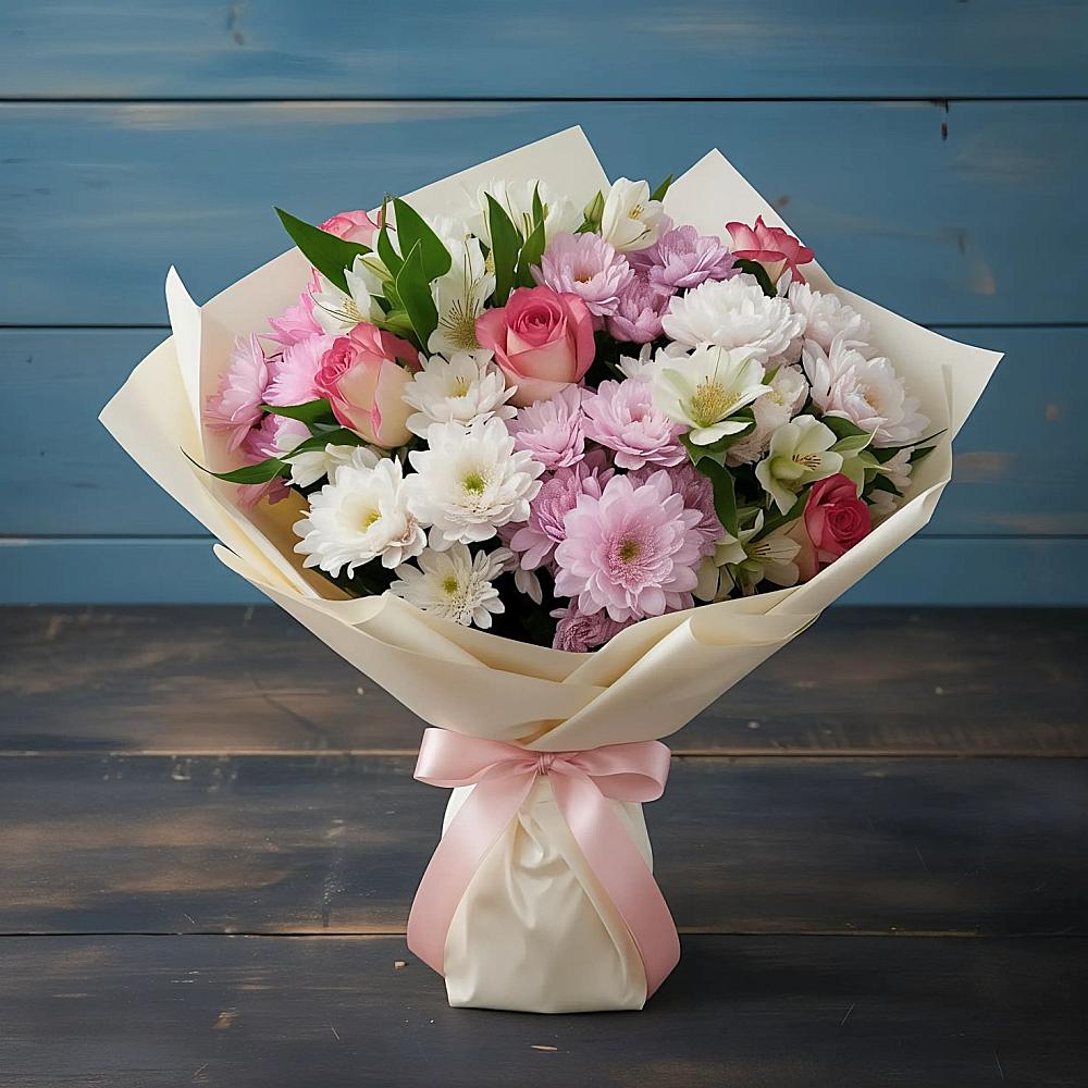 Букет цветов из: Хризантемы, Альстромерии и Розы в Марьиных Колодцах